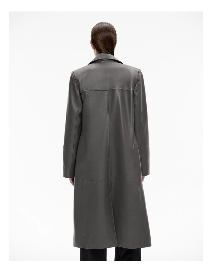 Leather Double Breasted Coat in Mid Grey image 5