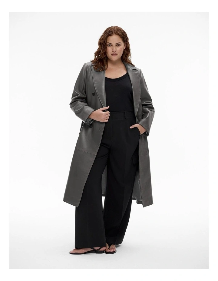 Leather Double Breasted Coat in Mid Grey image 6