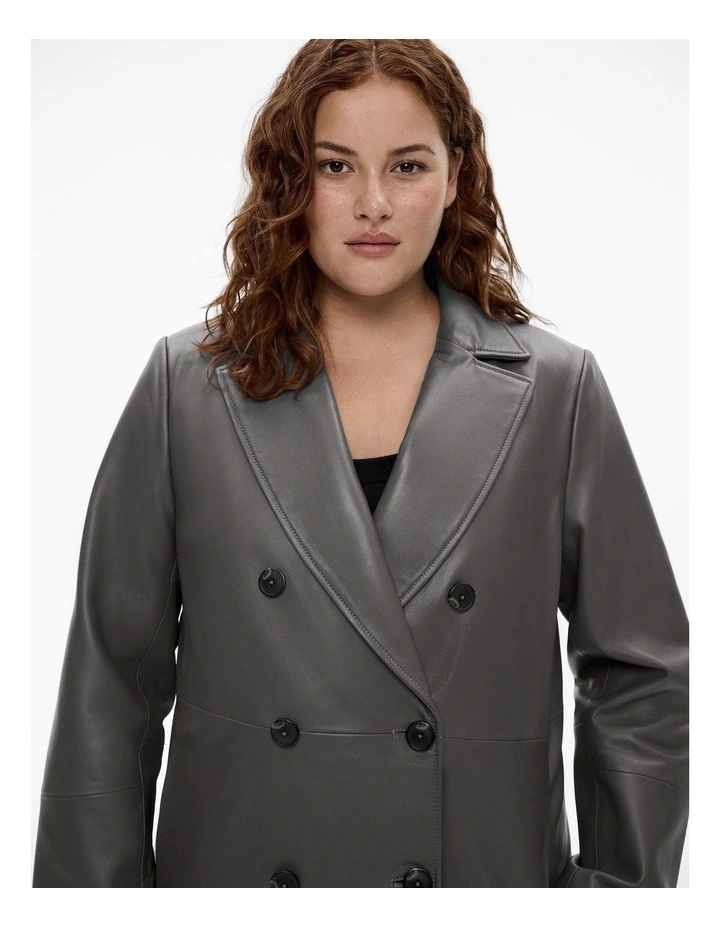 Leather Double Breasted Coat in Mid Grey image 7