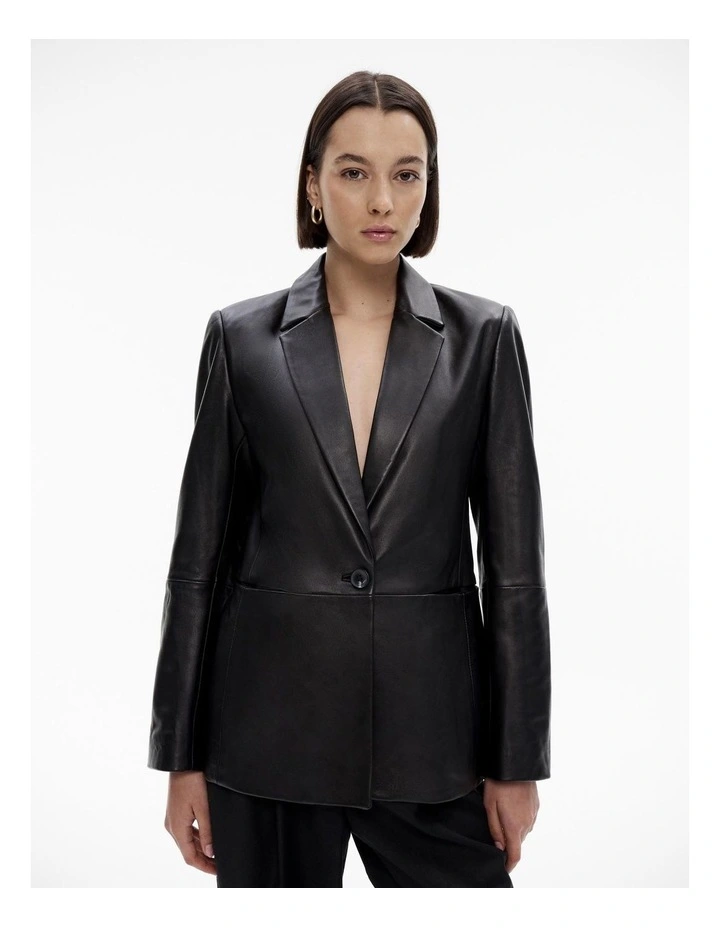 Leather Dart Detail Single Breasted Blazer in Black image 1