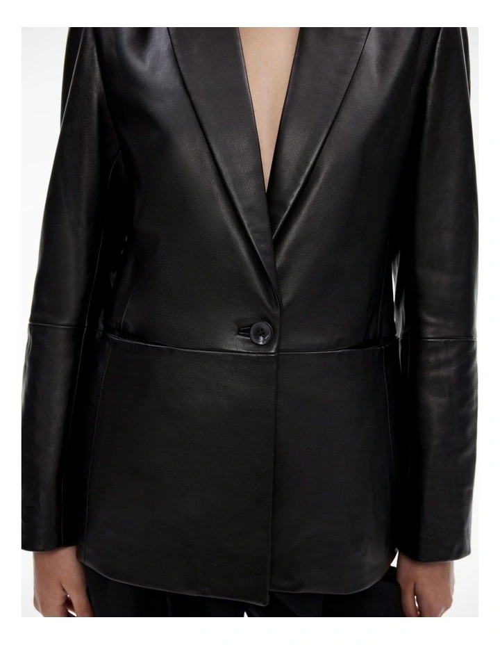 Leather Dart Detail Single Breasted Blazer in Black image 3