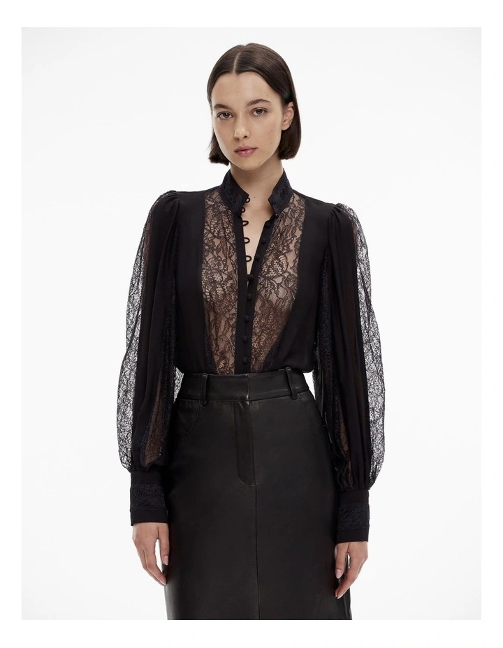 Spliced Lace Detail Blouse in Black image 1