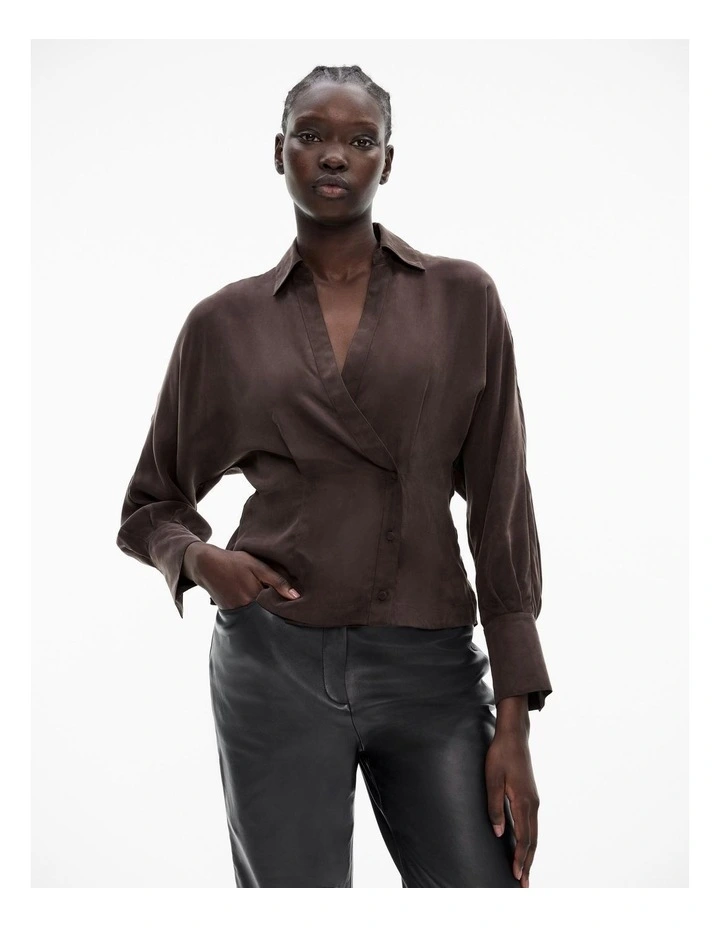 Button Detail Wrap Blouse in Bitter Chocolate image 1