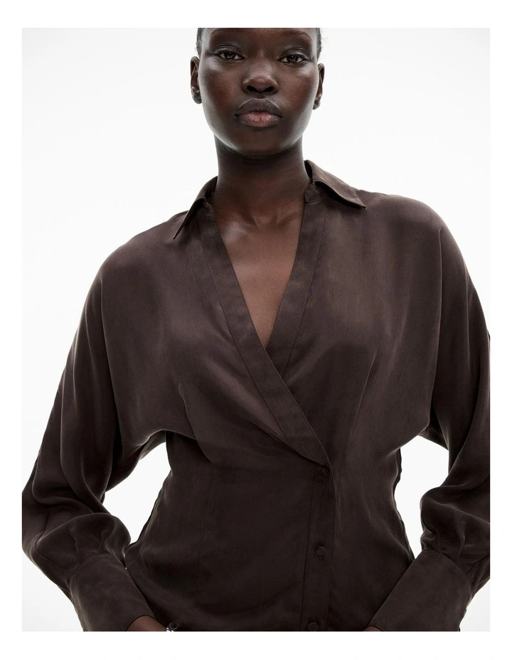 Button Detail Wrap Blouse in Bitter Chocolate image 3