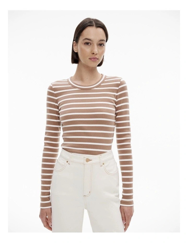Stripe Long Sleeve Rib Top in Cappucino image 1