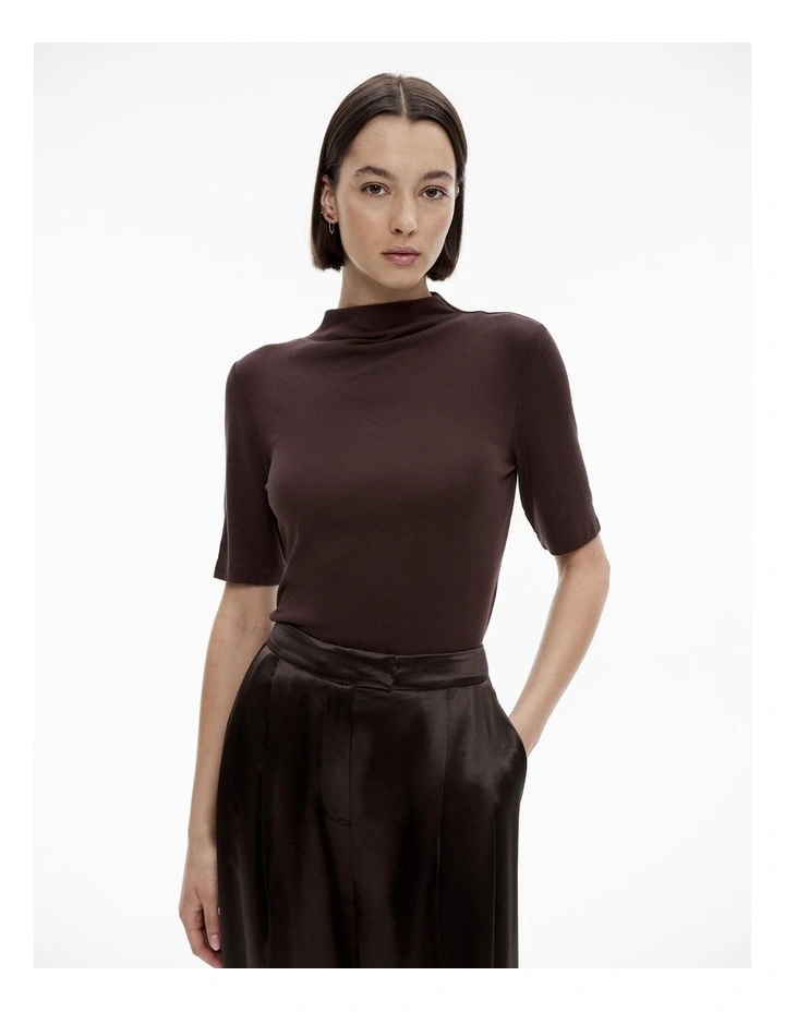 Wool Blend Mock Neck Tee in Bitter Chocolate image 1