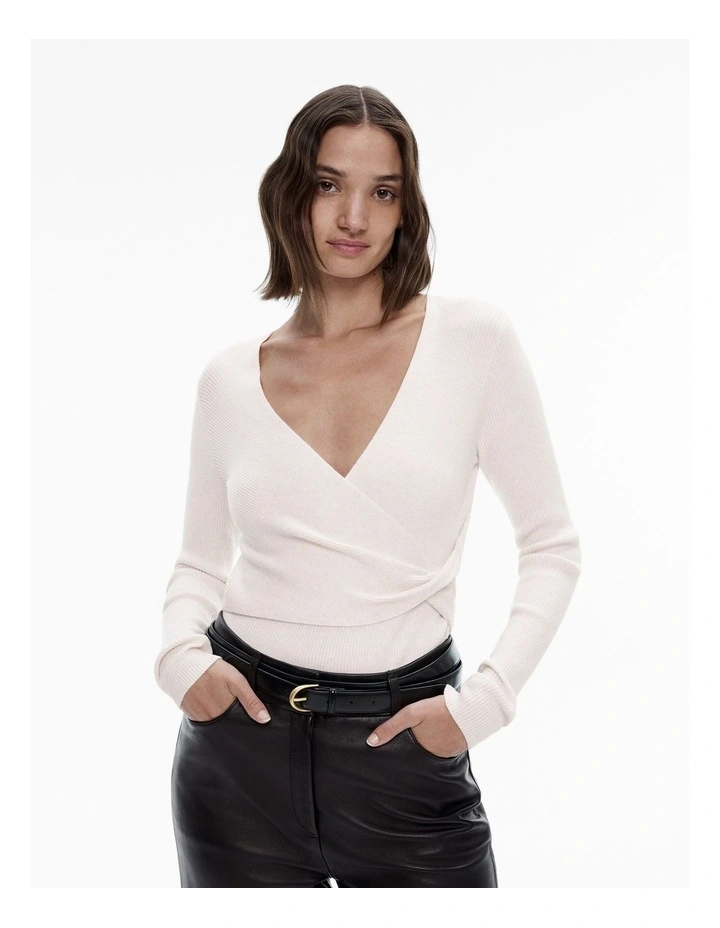 Twist Front Wrap Knit Top in Milk White image 1