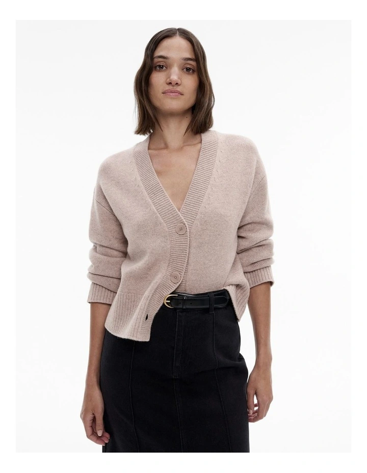 Wool Blend Button Knit Cardigan in Taupe Marle image 1
