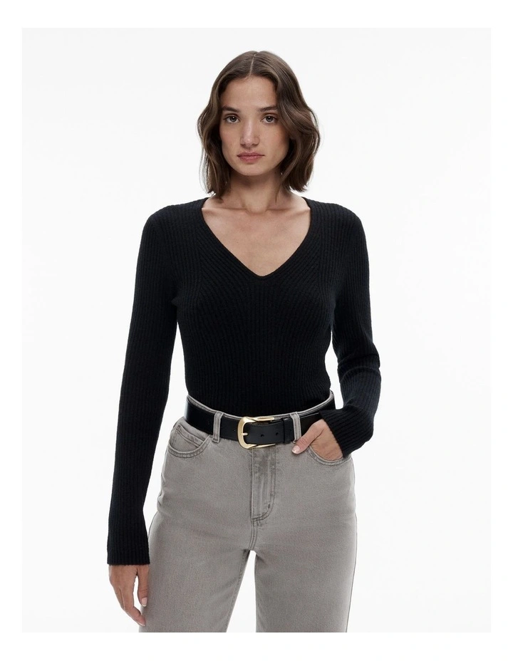 Alpaca Blend Rib Long Sleeve Knit Top in Black image 1