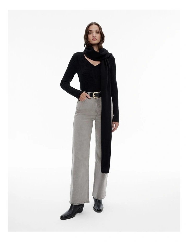 Alpaca Blend Rib Long Sleeve Knit Top in Black image 2