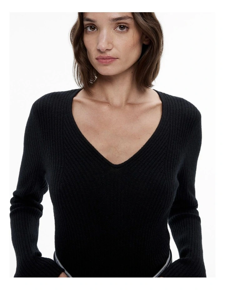 Alpaca Blend Rib Long Sleeve Knit Top in Black image 3