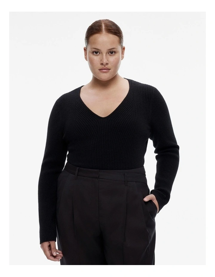 Alpaca Blend Rib Long Sleeve Knit Top in Black image 5