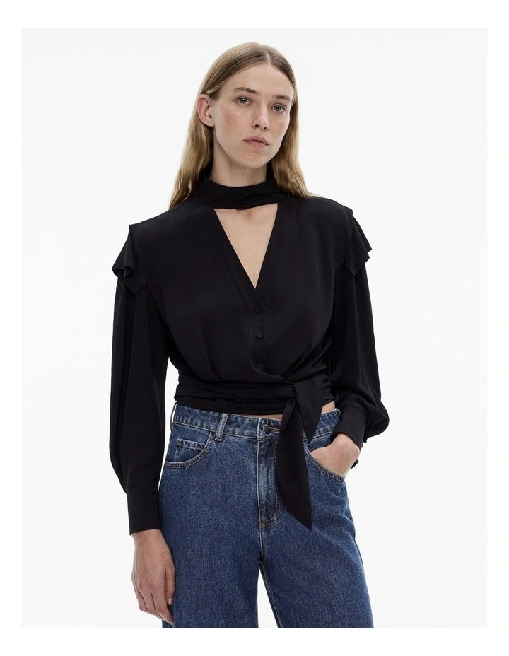 Tie V-neck Blouse in Black image 1