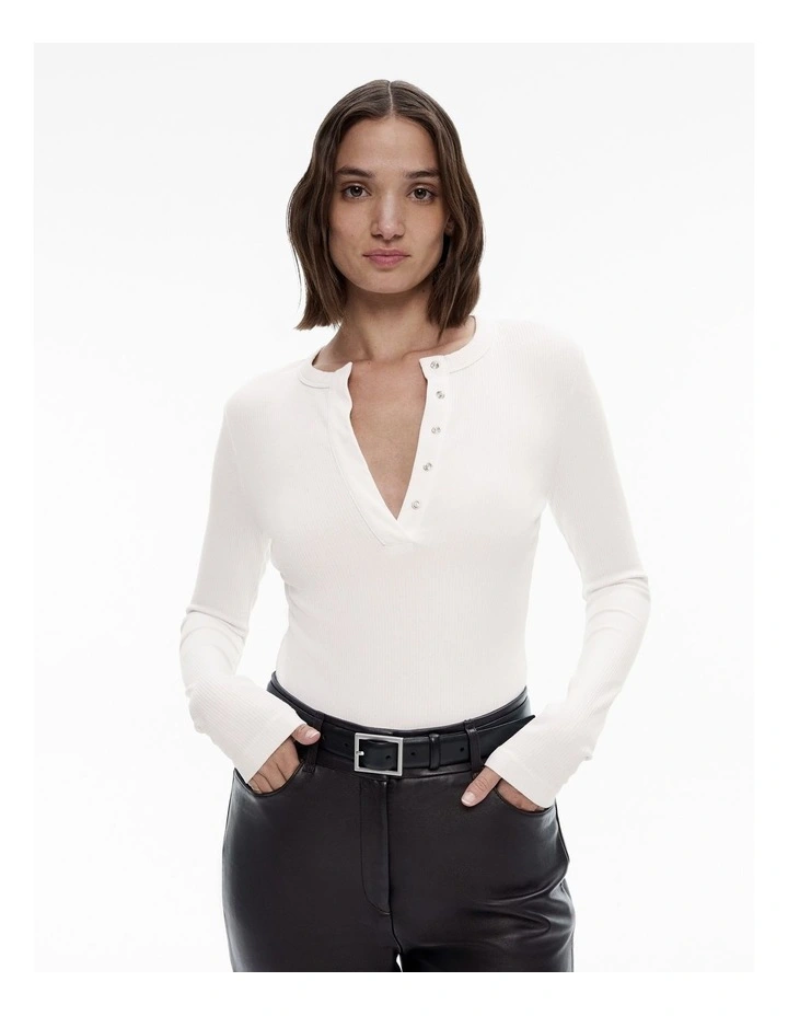 Cotton Blend Henley Top in Pure White image 1