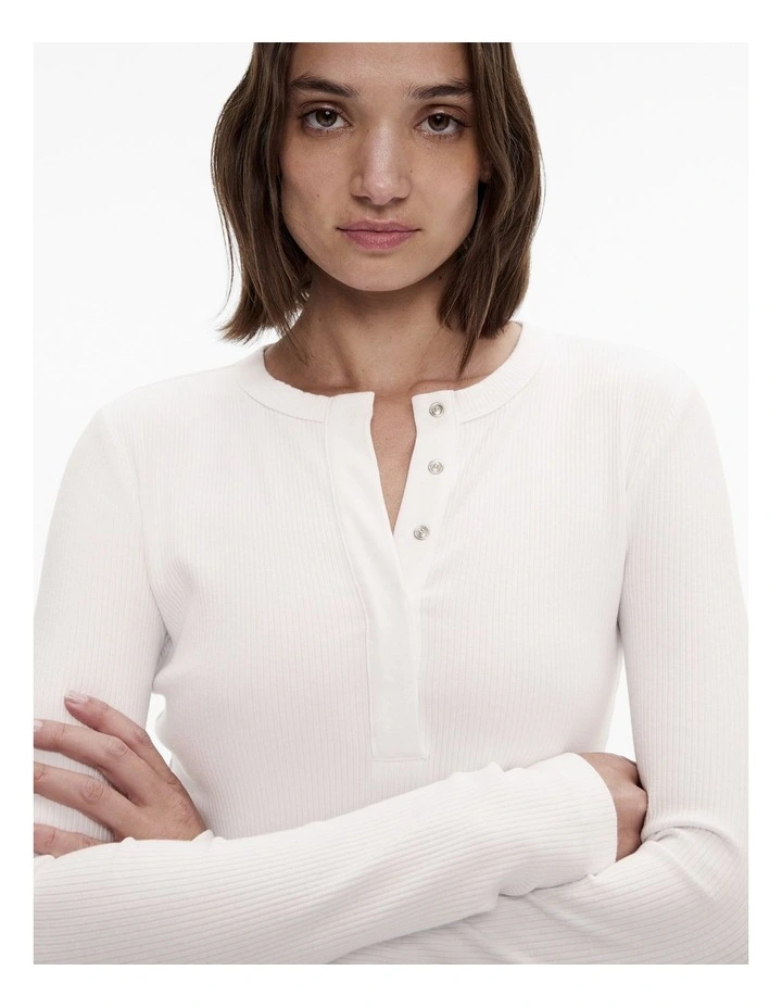Cotton Blend Henley Top in Pure White image 3