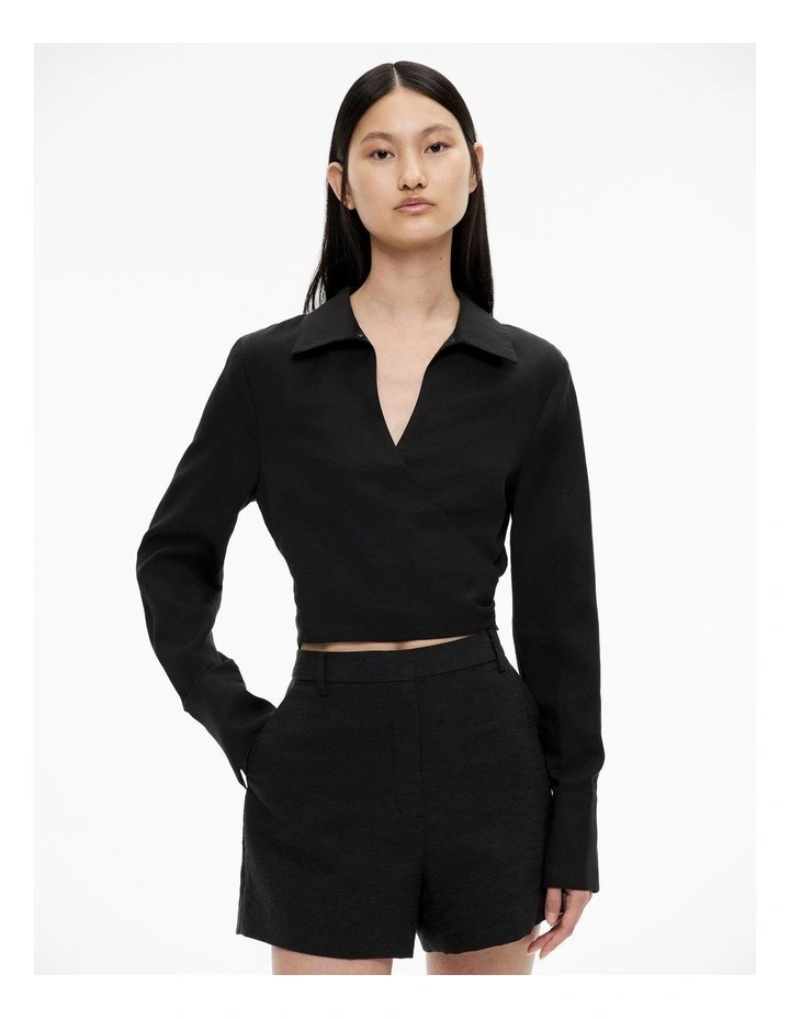 Long Sleeve Tie Crop Shirt in Black image 1