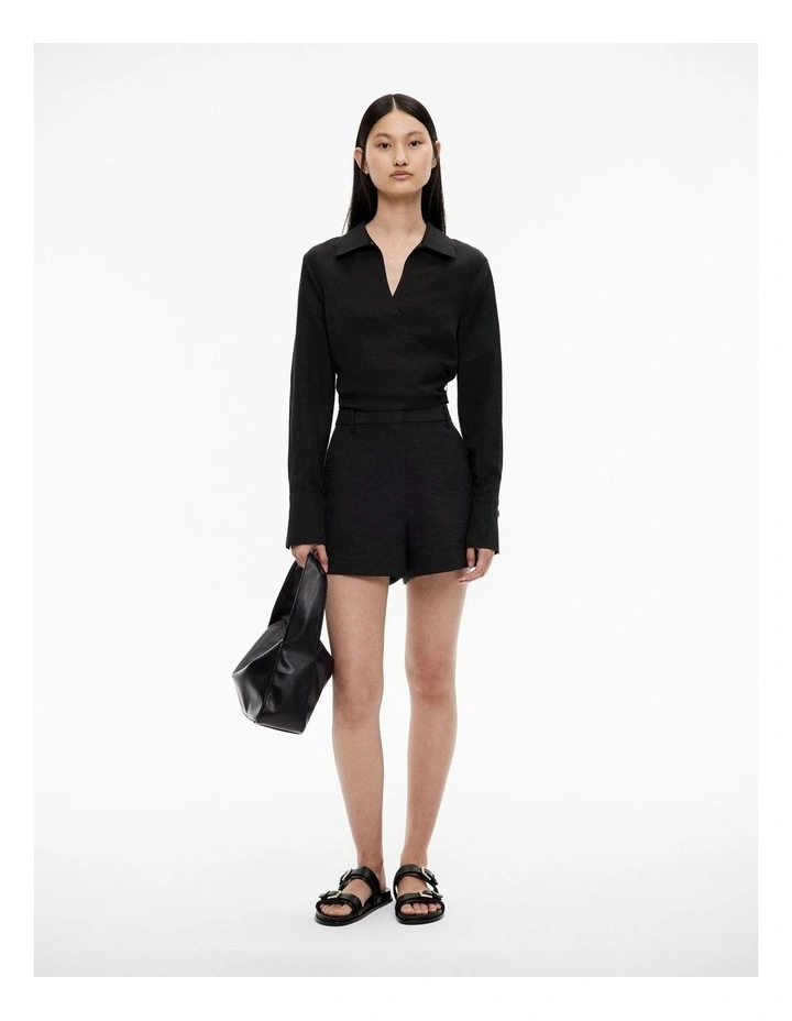 Long Sleeve Tie Crop Shirt in Black image 2