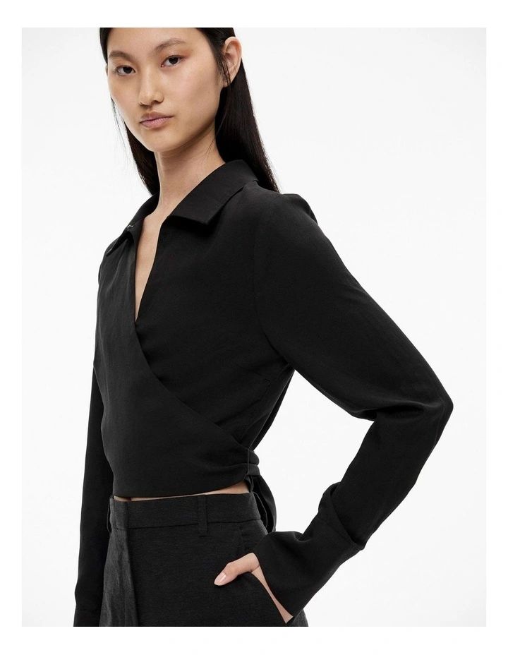 Long Sleeve Tie Crop Shirt in Black image 4