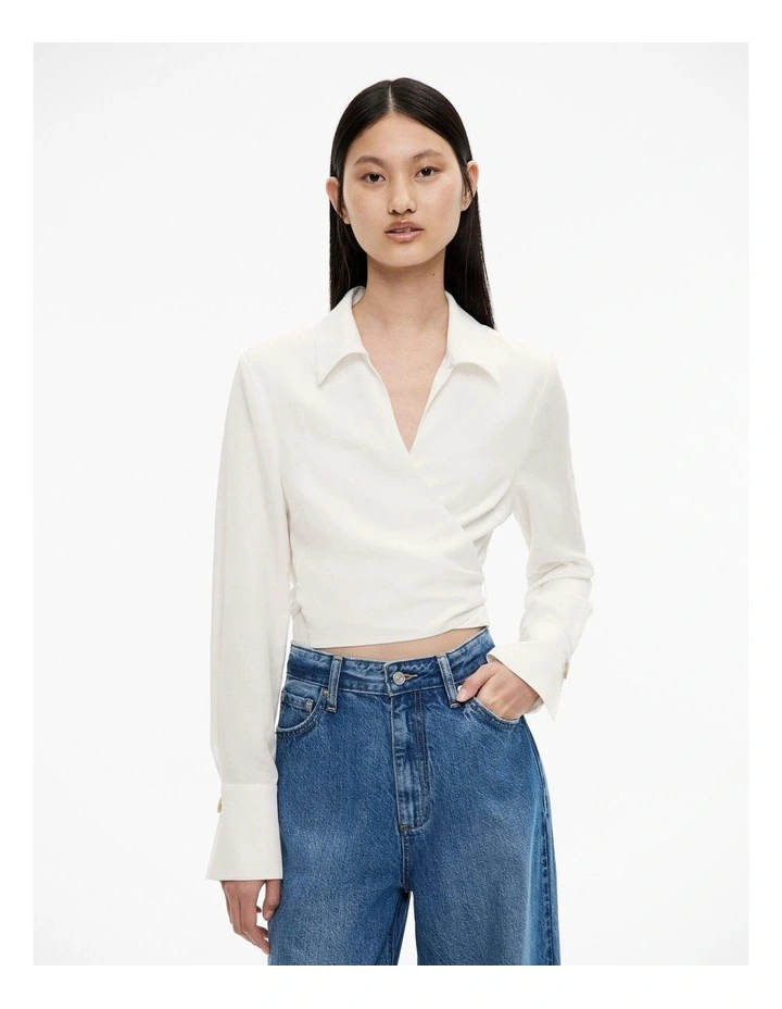 Long Sleeve Tie Crop Shirt in Fresh White image 1