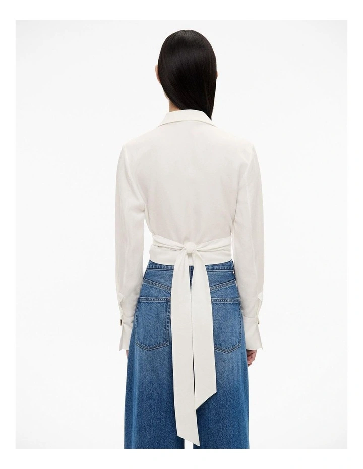 Long Sleeve Tie Crop Shirt in Fresh White image 4
