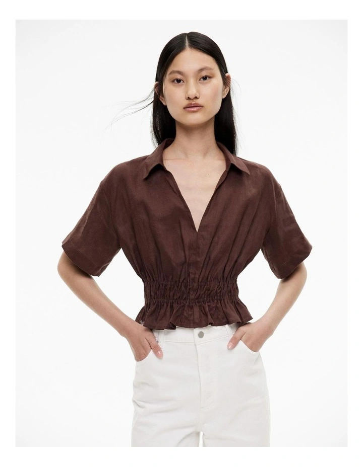 Gathered Waist Short Sleeve Shirt in Chocolate Brown image 1