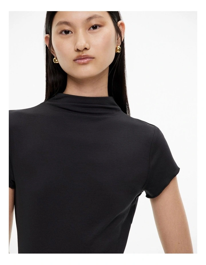 High Neck Cap Sleeve Tee in Black image 3