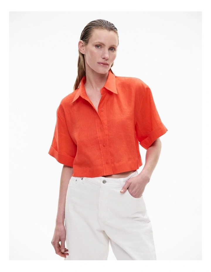 Linen Crop Shirt in Tangerine image 1