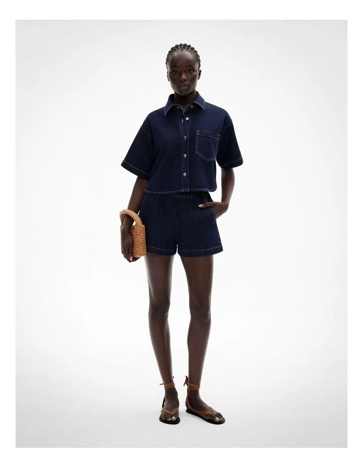 Denim Crop Shirt in Dark Indigo image 1