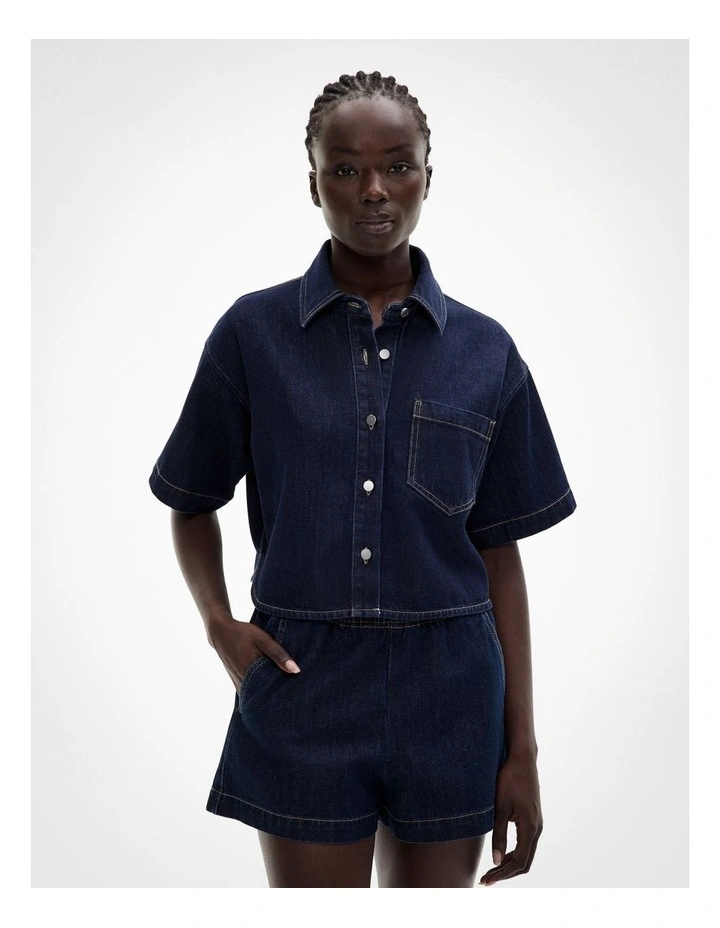 Denim Crop Shirt in Dark Indigo image 2