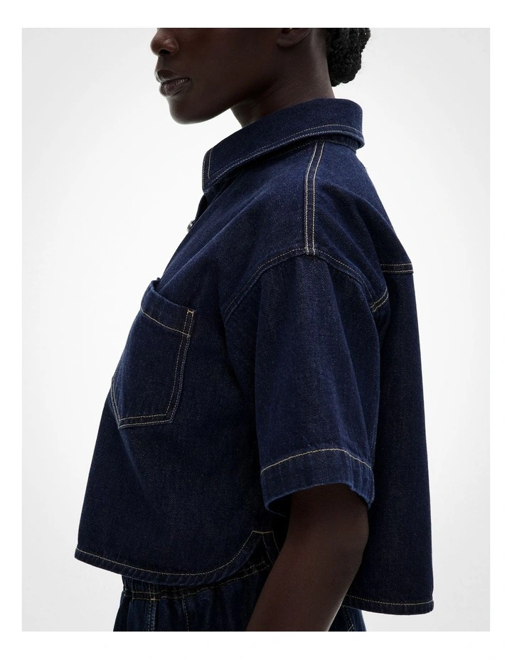 Denim Crop Shirt in Dark Indigo image 4