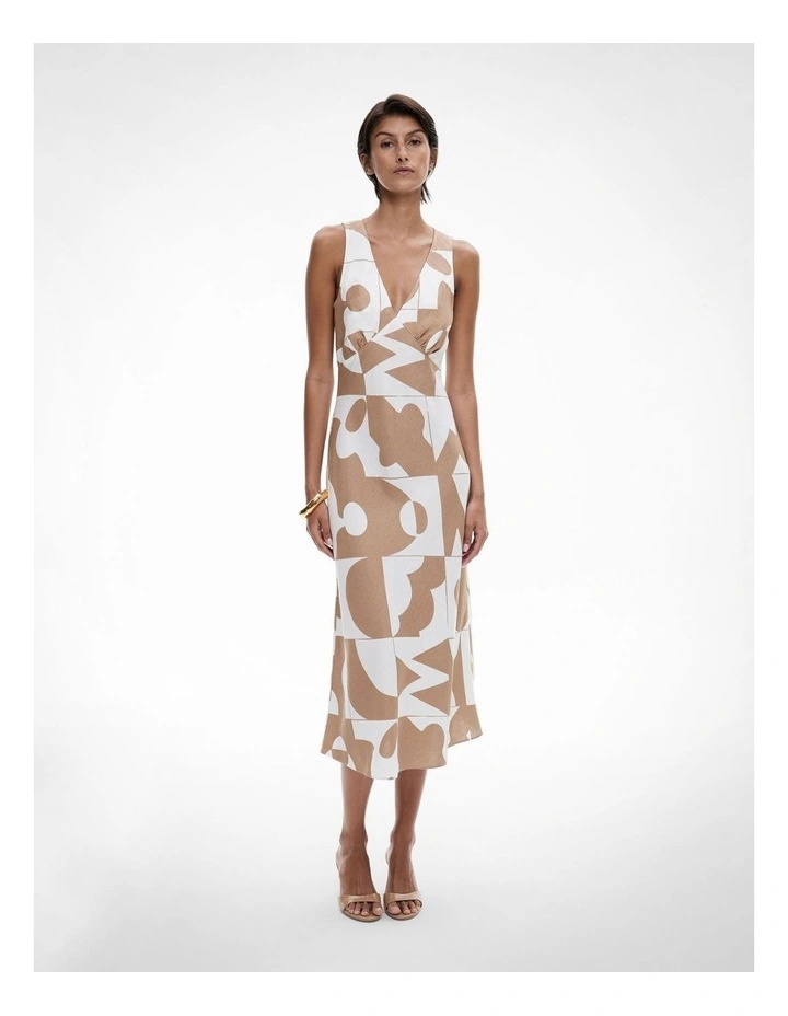 Bias V Neck Dress in Geo Tile Caramel image 1