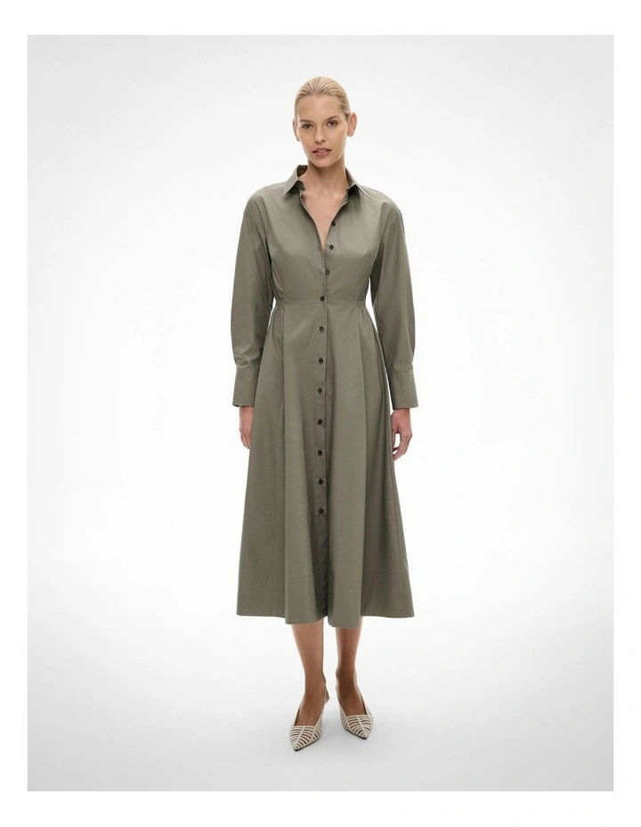 Shirred Shirt Dress in Khaki image 1