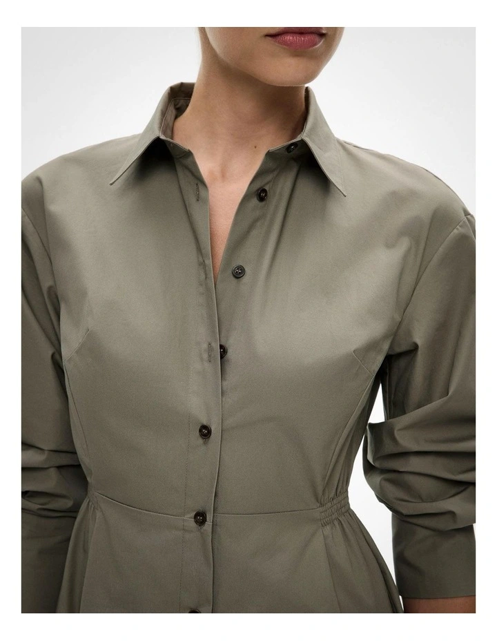 Shirred Shirt Dress in Khaki image 3