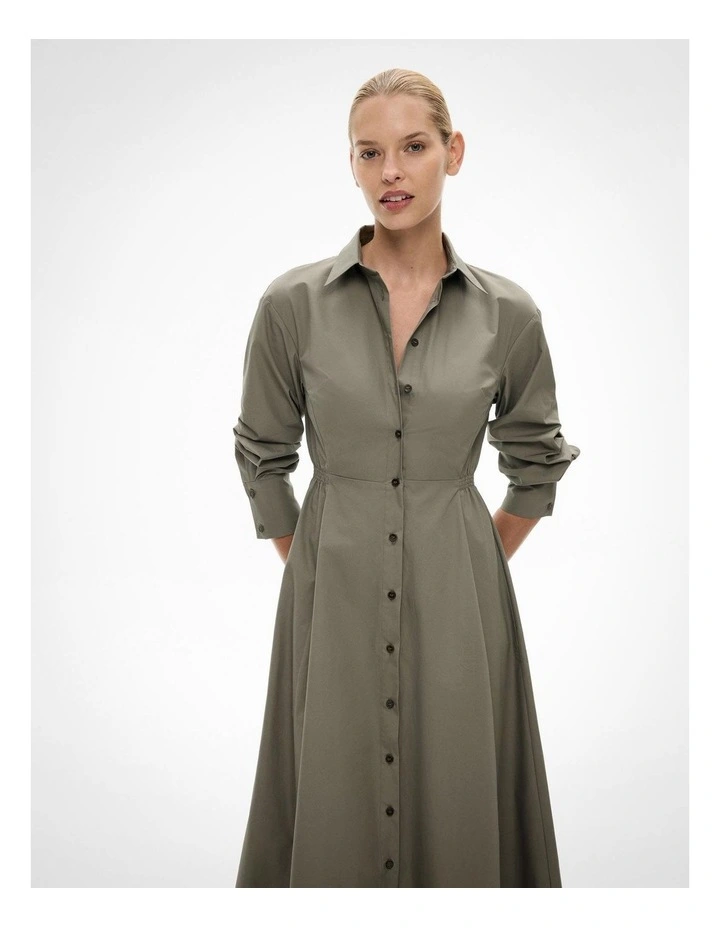 Shirred Shirt Dress in Khaki image 4