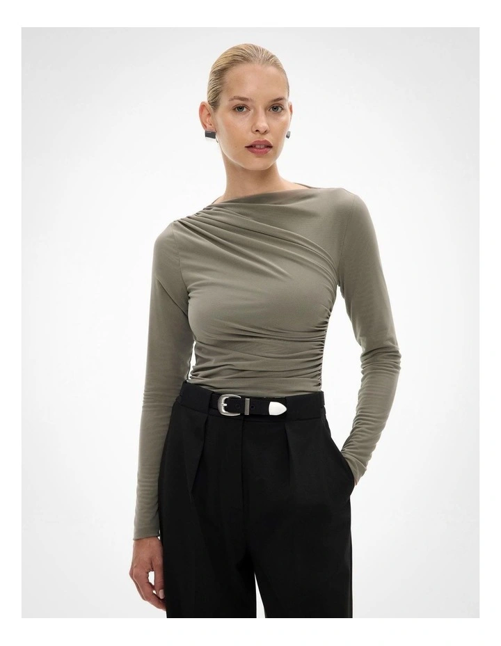 Mesh Drape Long Sleeve Top in Khaki image 1