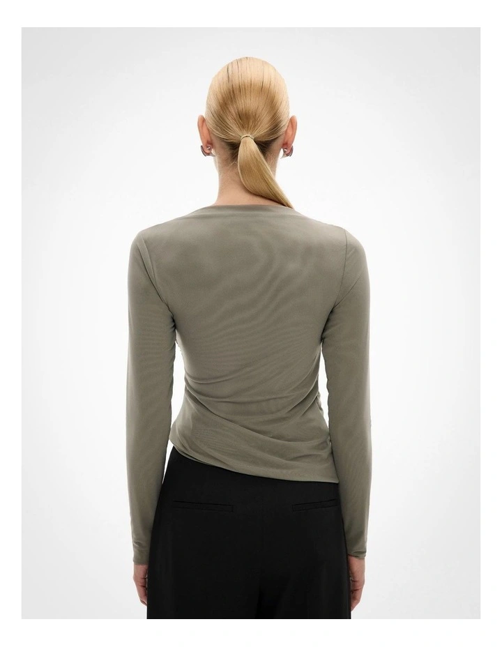 Mesh Drape Long Sleeve Top in Khaki image 4