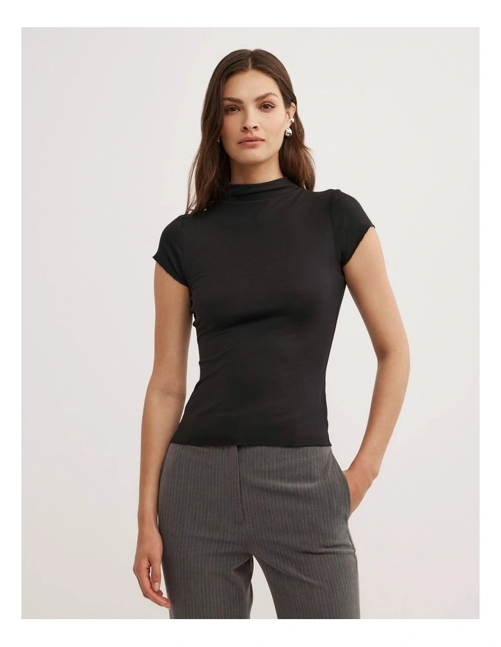 Hi Neck Cap Sleeve Tee in Black image 1