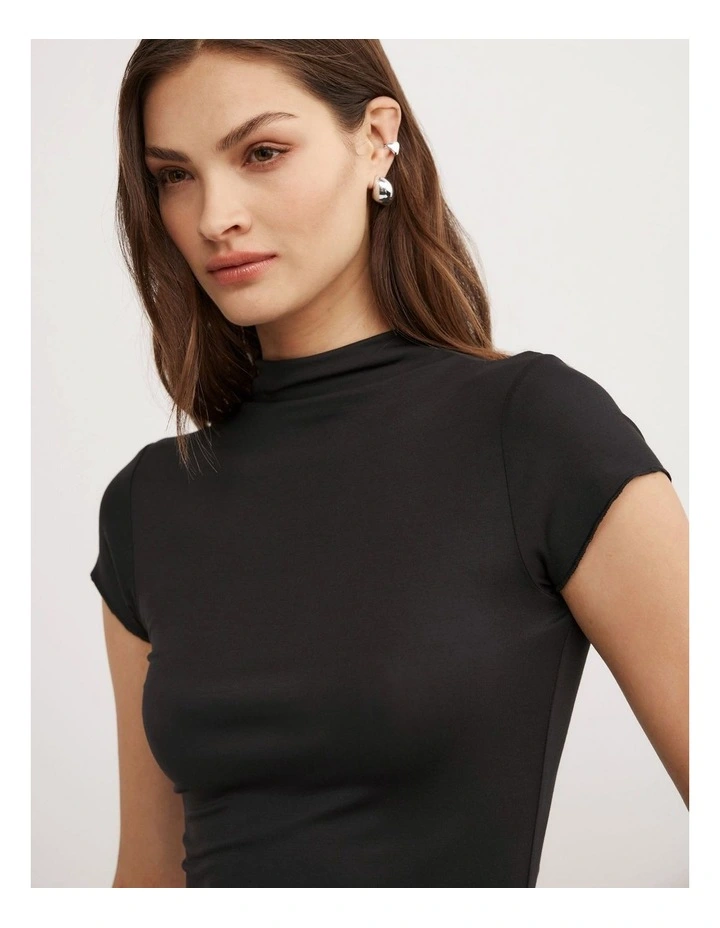 Hi Neck Cap Sleeve Tee in Black image 3