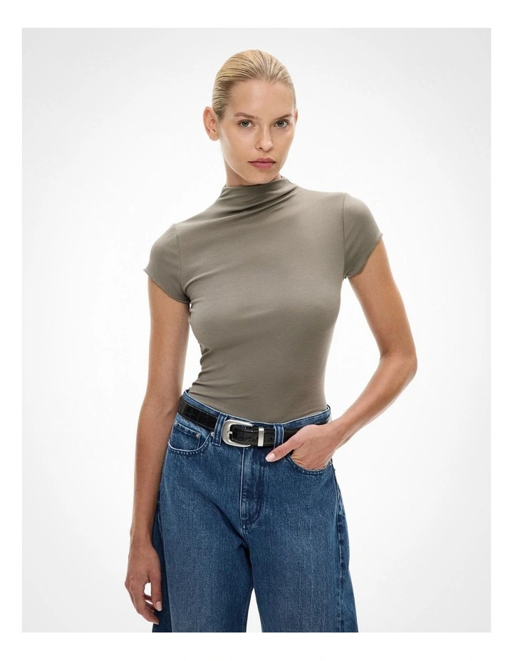 Hi Neck Cap Sleeve Tee in Khaki image 1