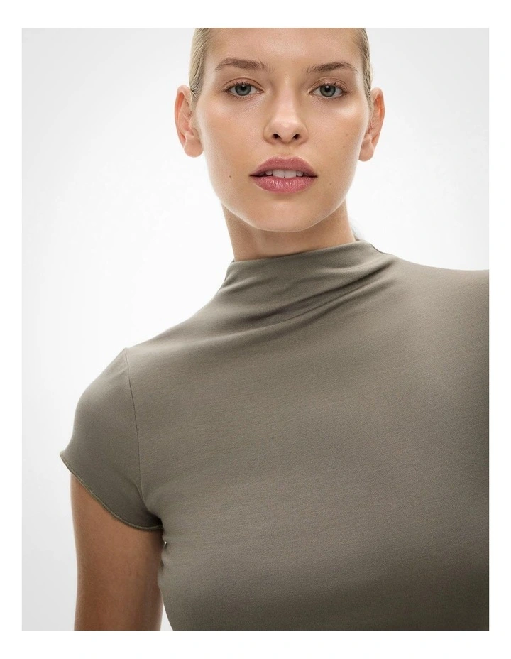 Hi Neck Cap Sleeve Tee in Khaki image 3