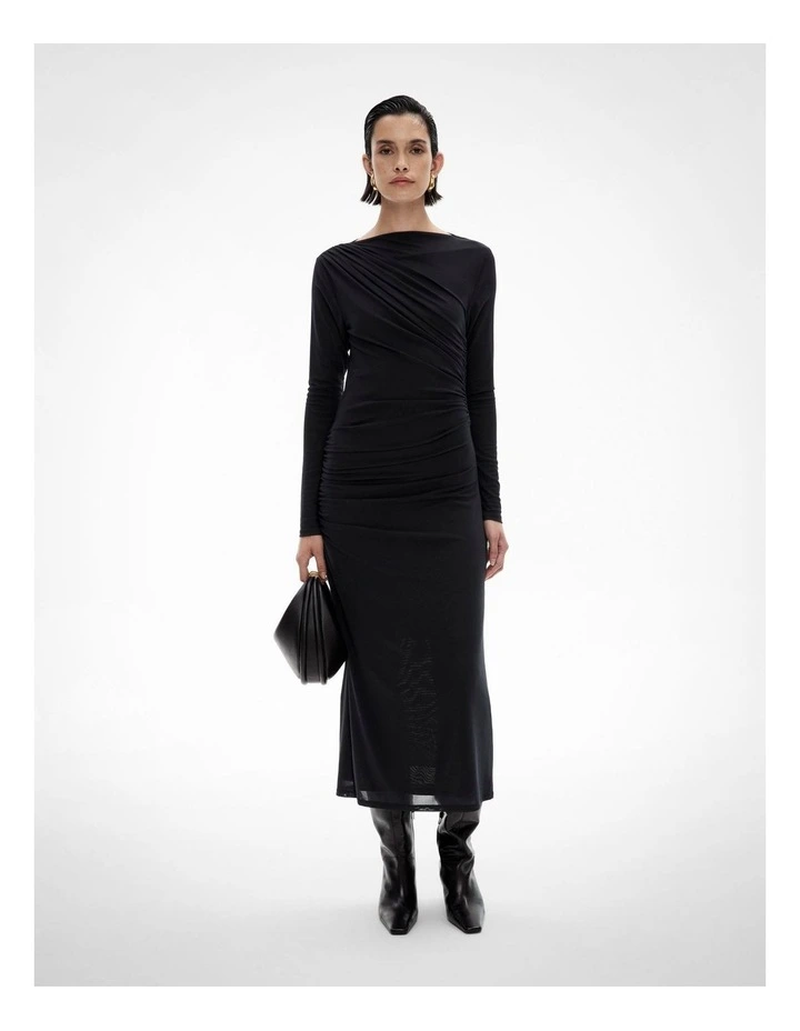 Mesh Longsleeve Gather Dress in Black image 1