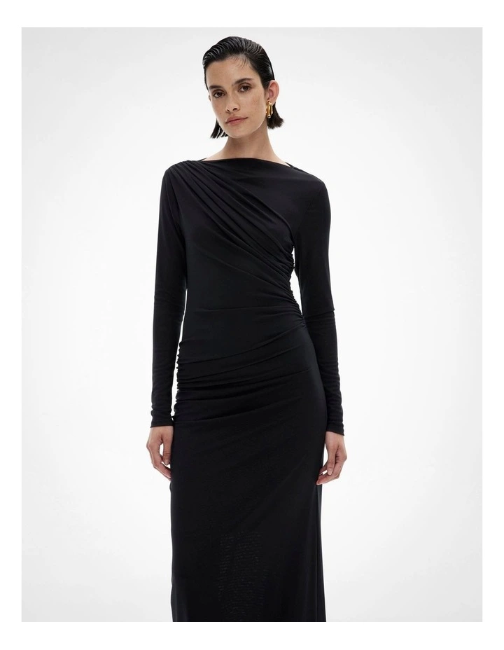 Mesh Longsleeve Gather Dress in Black image 2
