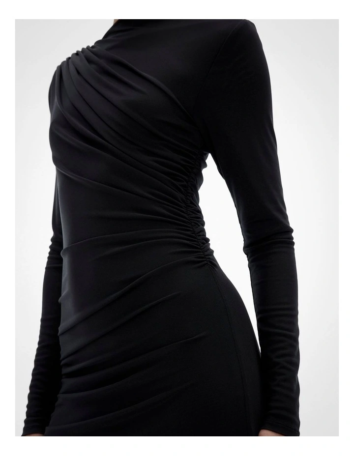 Mesh Longsleeve Gather Dress in Black image 3