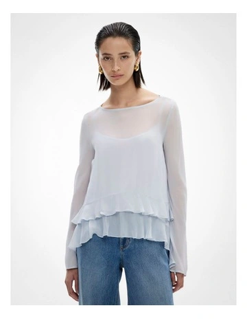 Long Sleeve Ruffle Hem Shirt in Dove Blue
