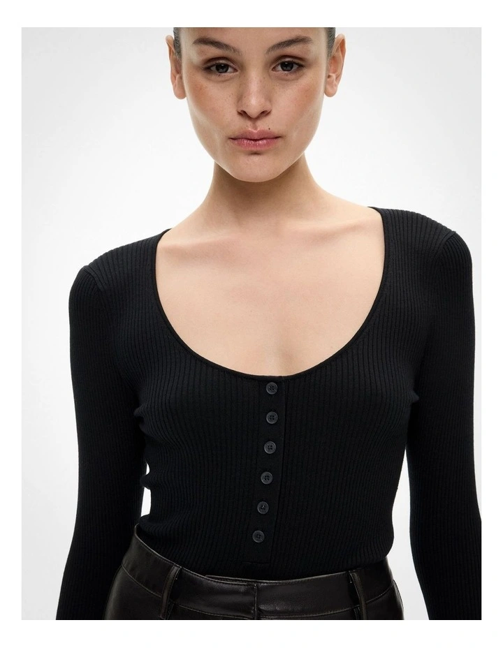 Scoop Henley Knit in Black image 3