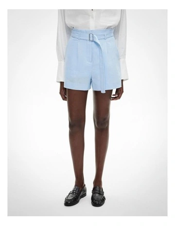 Belt Detail Linen Shorts in Sky