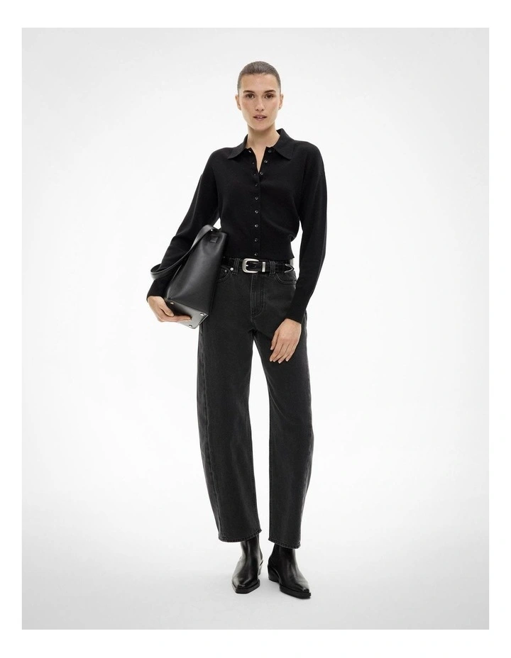 Collar Fine Cardigan in Black image 2