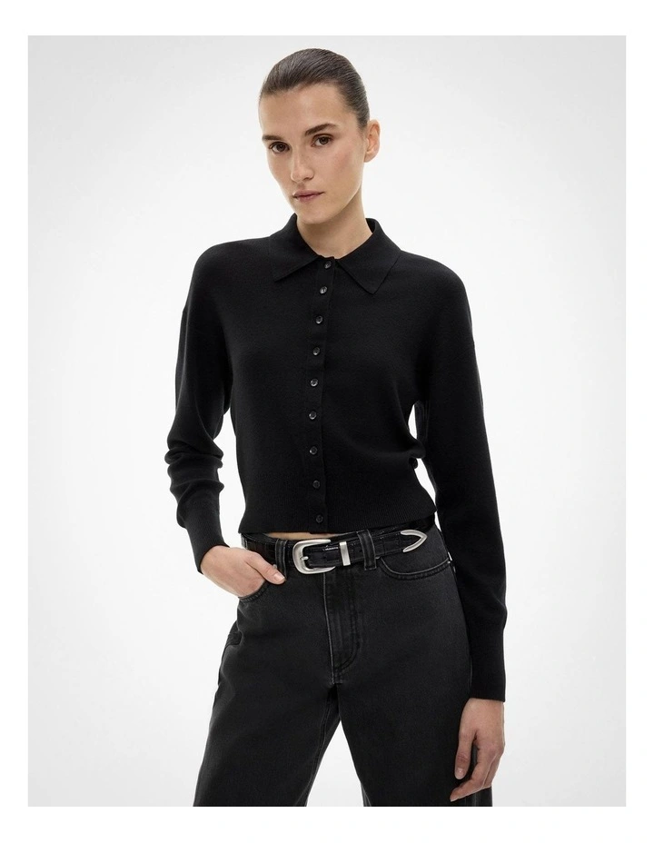 Collar Fine Cardigan in Black image 4