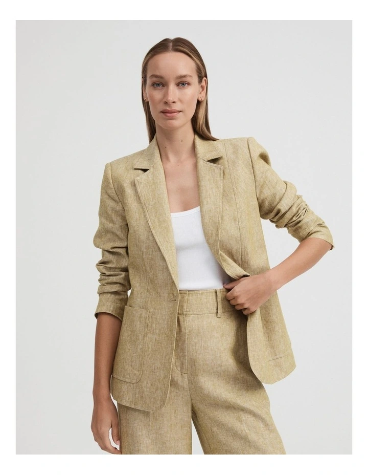 French Linen Seam Detail Single-breasted Blazer in Chartreuse image 4
