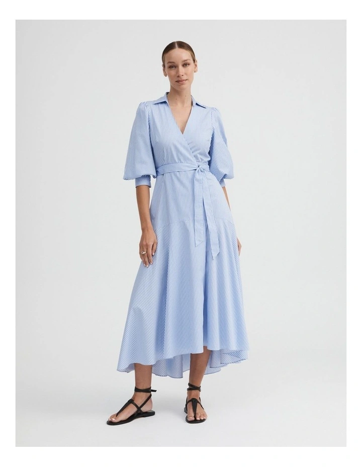 Cotton Stripe Wrap Dress in Mallard Blue image 1